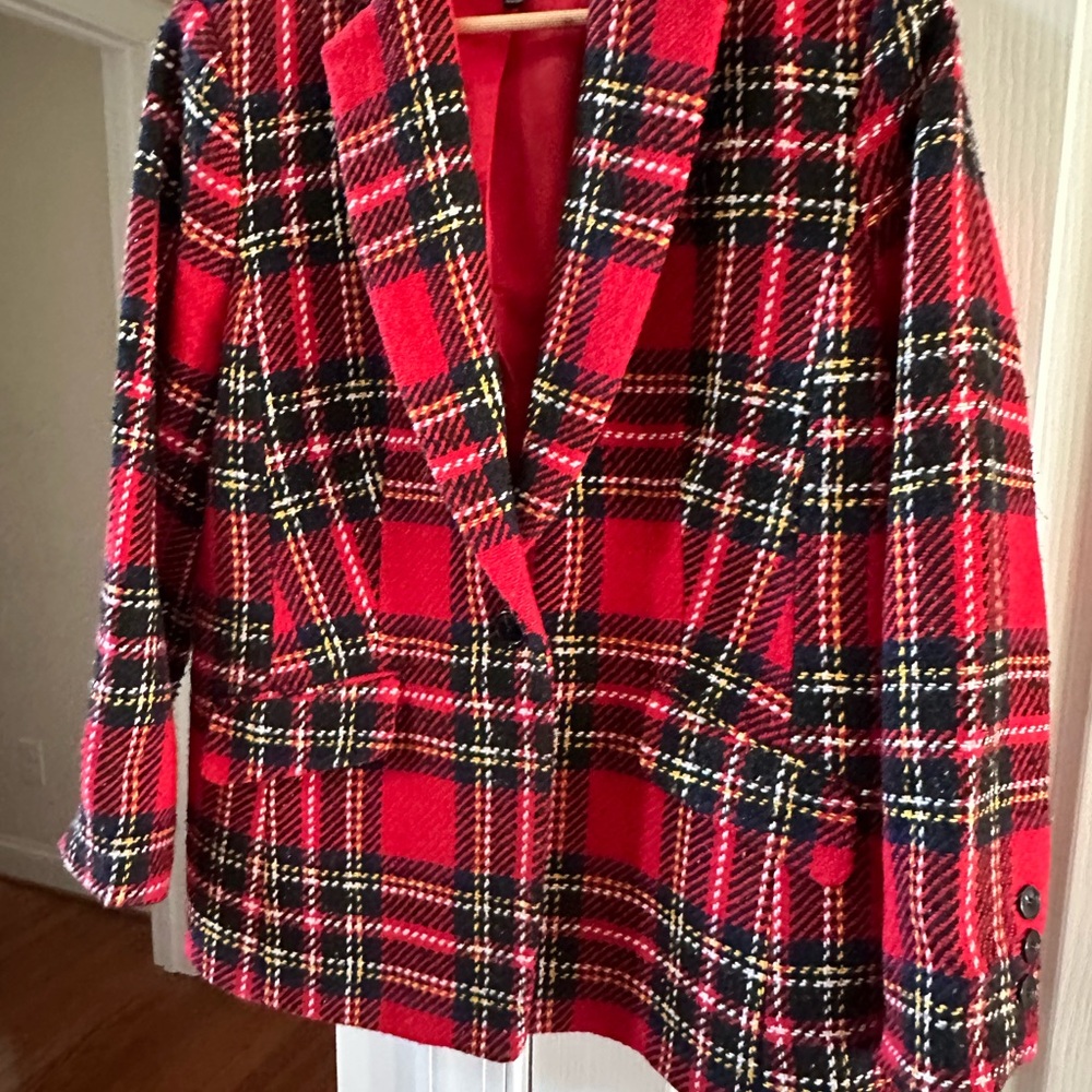 Talbots Red and Black Plaid Blazer with Tailored Silhouette - Picture 2 of 5